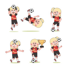 set of Cute Blonde Girl Character Playing Football with different pose