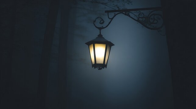 Vintage street lamp illuminated in a foggy forest at night, casting a warm glow amidst dark trees, creating a mysterious and enchanting atmosphere in nature