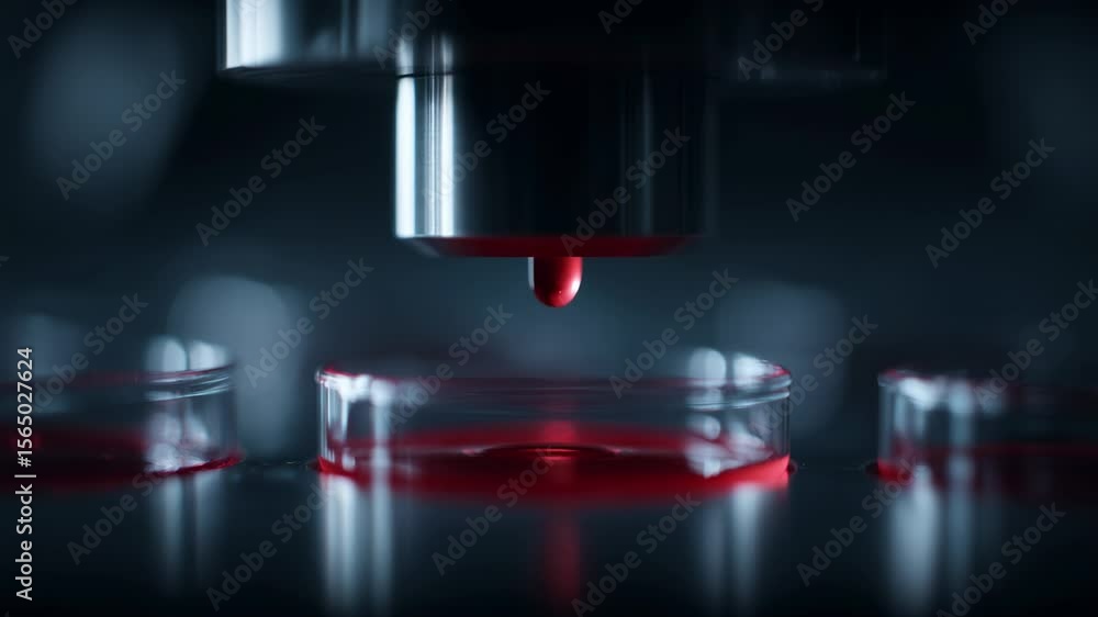Poster red liquid flowing from a precision nozzle onto a surface in a high-tech manufacturing environment