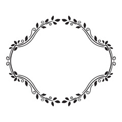 Black and white oval frame with leaves silhouettes. Vector clip art.