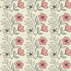 Seamless pattern of delicate pink and white flowers with thin black outlines and grey leaves on a cream background