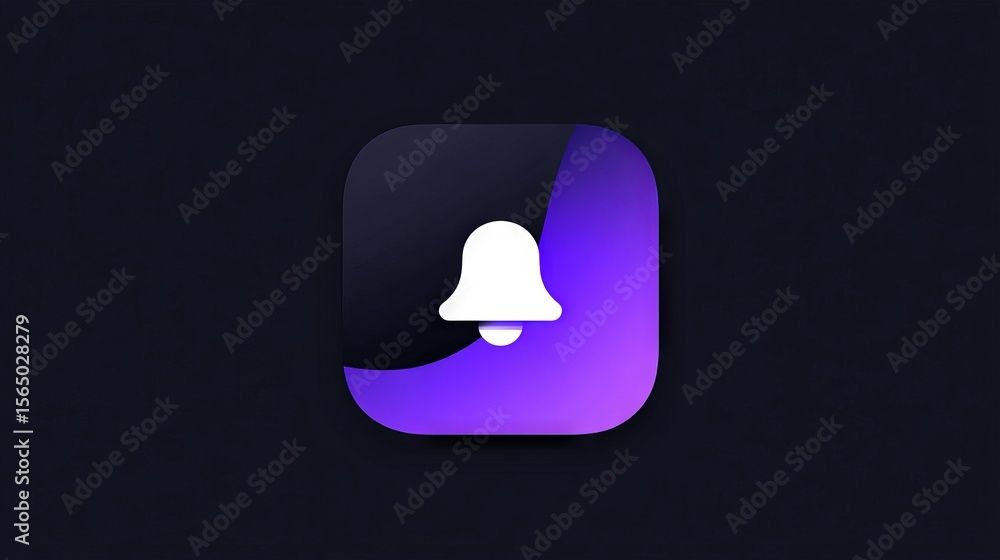 Poster notification icon design featuring a white bell symbol on a vibrant purple gradient background, repr