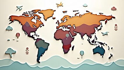 Obraz premium A creative world map made in cut-out paper style with colorful layered continents, surrounded by nature and travel icons on a pastel background.