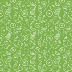Seamless pattern of white outline fruits and vegetables on a green background