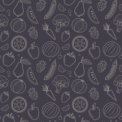Seamless pattern of white outline fruits and vegetables on a green background