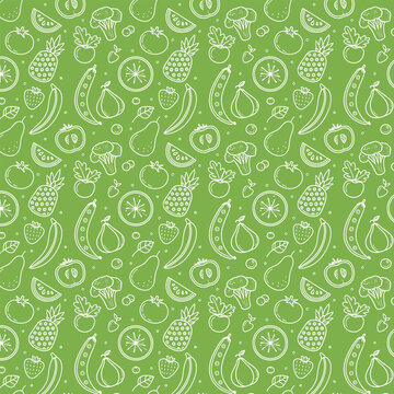 Seamless pattern of white outline fruits and vegetables on a green background