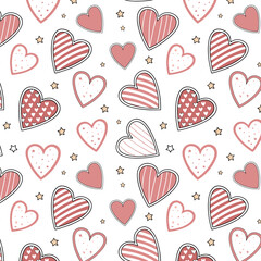 Seamless pattern of cute pink hearts and stars on a white background
