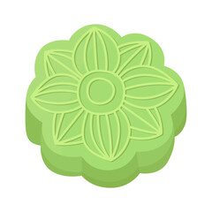 Traditional Asian mooncake for the Mid-Autumn Festival.  Round green matcha mooncake with floral pattern. Illustration isolated on white background.