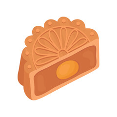 Half of traditional Asian mooncake for the Mid-Autumn Festival.  Sweet round mooncake with pattern and yellow egg filling.  Illustration isolated on white background.