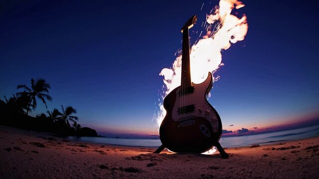 guitare en flammes sur la plage au cr&eacute;puscule