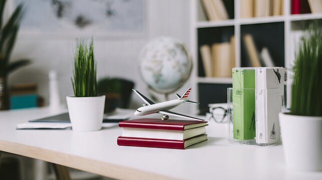 Model airplane placed on stacked books, surrounded by decorative plants and a globe, creating an inspiring workspace atmosphere for travel enthusiasts and dreamers - Powered by Adobe
