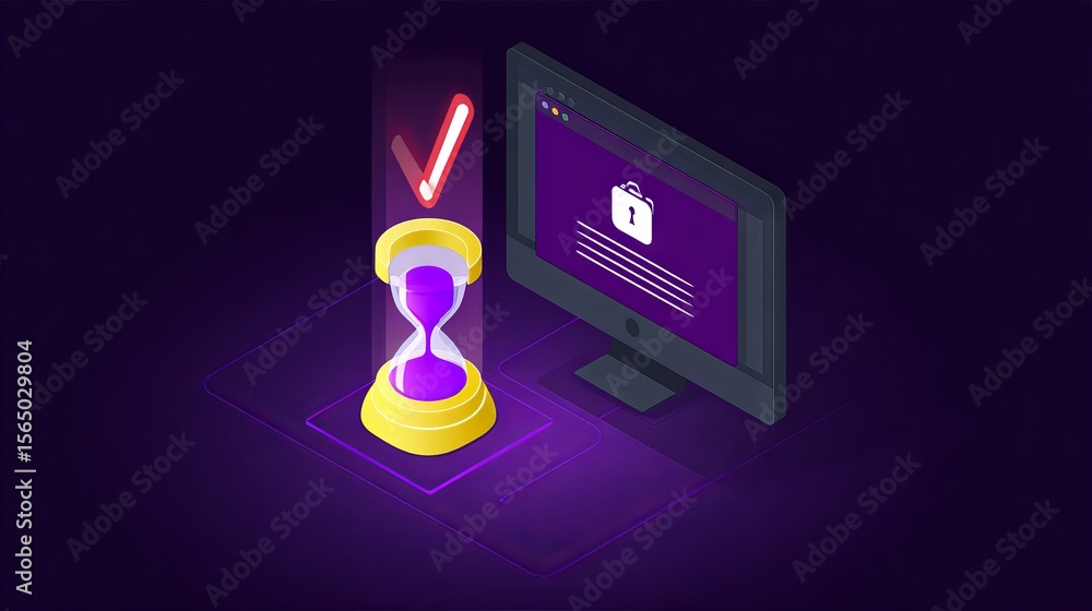 Poster digital illustration of an hourglass with purple sand beside a computer screen displaying a checkmar
