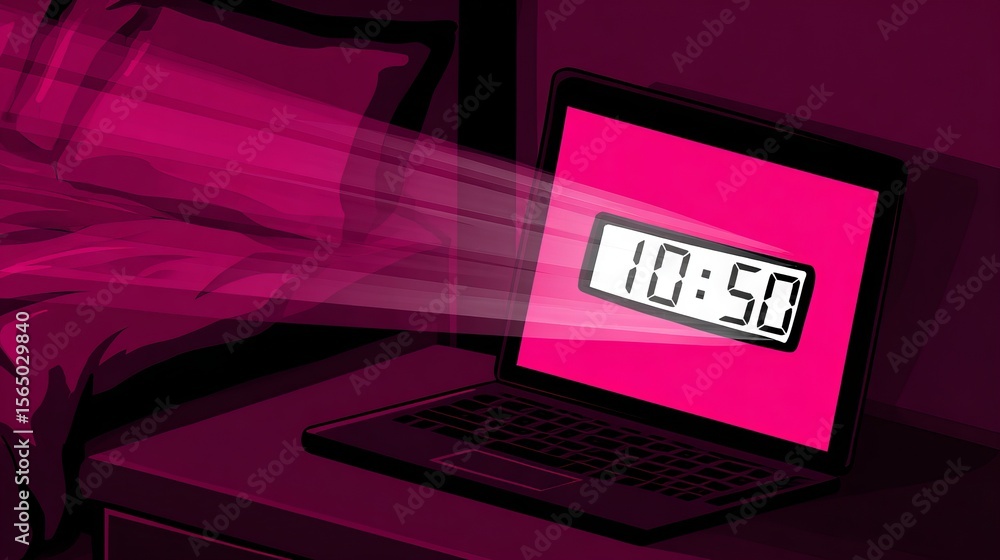 Aufkleber digital illustration of a laptop displaying a clock reading 10:50, with vibrant pink background and 
