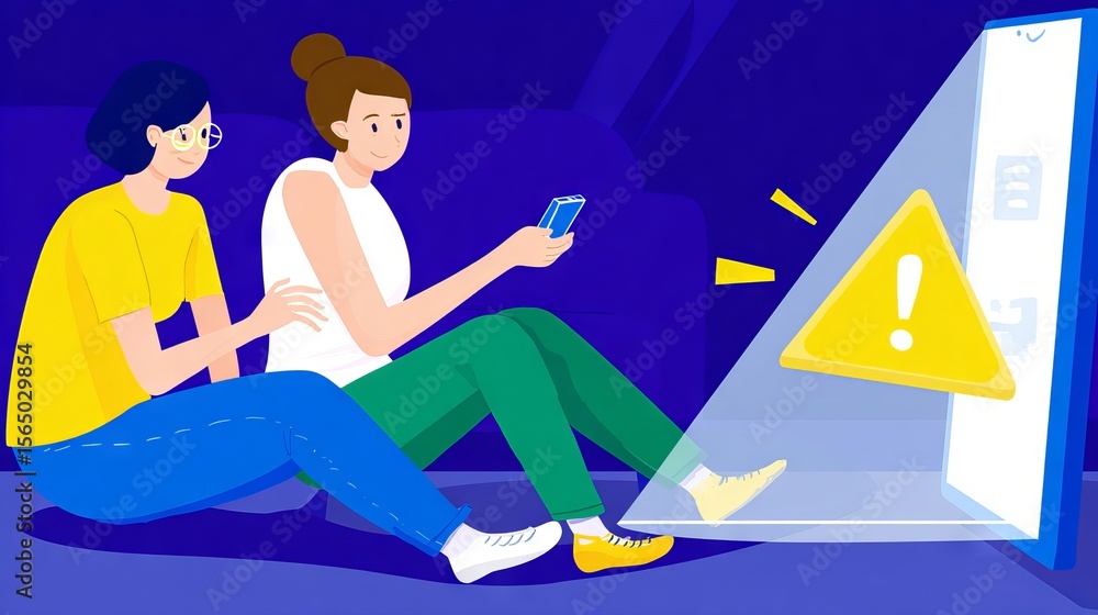 Poster two women sitting on a couch, one using a smartphone while the other observes a warning symbol proje