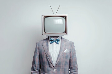 A man in a grey suit, white shirt and a blue bowtie with an old tv with aerial instead a head as a concept of propaganda, believing to the news and conservative opinion
