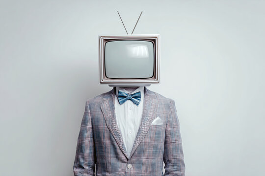 A man in a grey suit, white shirt and a blue bowtie with an old tv with aerial instead a head as a concept of propaganda, believing to the news and conservative opinion - Powered by Adobe