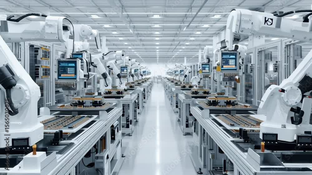 Poster symmetrical industrial workspace with multiple white robotic arms performing precision manufacturing
