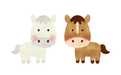 水彩風　ペアの馬が並んだ干支キャラクター（2026・午）