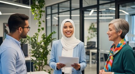 Diverse professionals collaborating and discussing ideas in a modern office setting