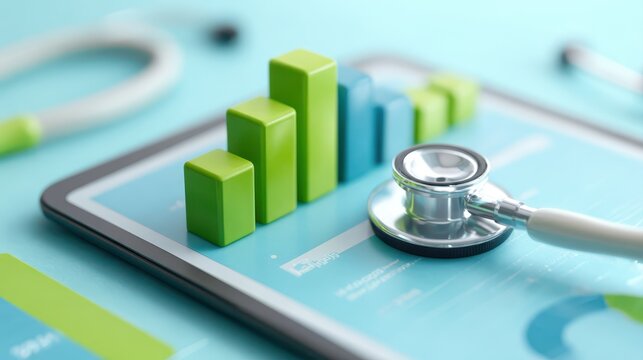 Healthcare fraud data analysis concept. Medical data analysis with a stethoscope on a tablet, symbolizing healthcare technology.