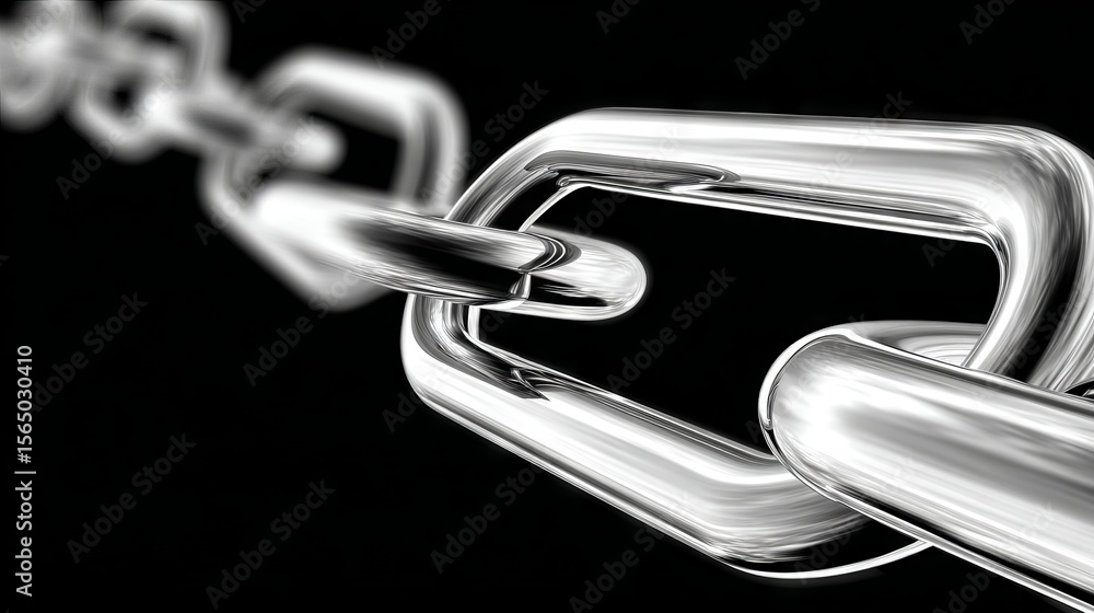 Poster close-up view of shiny metallic chain links against a dark background, showcasing the strength and d