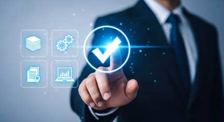 Businessman touching check mark business process automation workflow management system technology solution