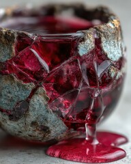 Unique Shattered Glass Vessel with Dark Red Liquid Spilling, Close-Up Abstract Concept of Broken Beauty and Flowing Mystery for Artwork, Backgrounds, and Marketing