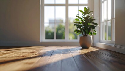 Fototapeta premium Bright room with sunlight streaming through a large window, highlighting a potted plant on a wooden floor.