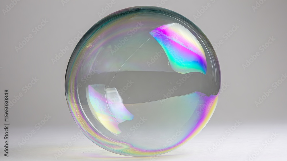 Poster transparent soap bubble with iridescent colors reflecting light, floating against a soft gradient ba