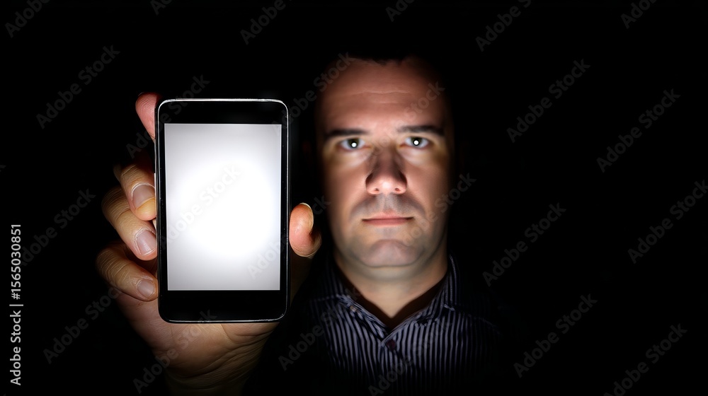 Poster man holding smartphone mock up with blank screen in dark environment, showcasing technology and mode
