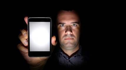 Man holding smartphone mock up with blank screen in dark environment, showcasing technology and modern communication, emphasizing digital interaction and connectivity