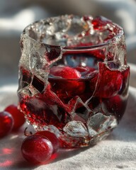 Cracked Glass Tumbler with Red Berries and Liquid, Close-Up Macro Shot of Abstract Drink, Summer Refreshment, and Unique Tableware for Food, Beverage, and Design