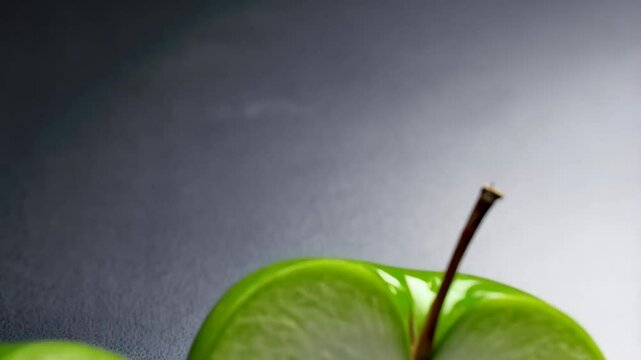 Close-up of two cut green apples showing the core, seeds, and stem against a dark background