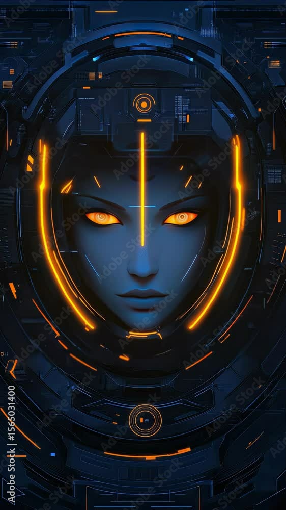 Aufkleber an enchanting android with glowing eyes in a sleek tech setting, showcasing innovative design concep