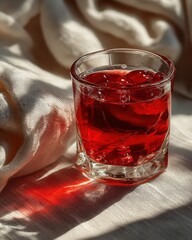 Glass Tumbler with Red Liquid and Berries on Textured Fabric, Bright Sunlight Illuminating Refreshing Summer Drink, Ideal for Lifestyle, Food, and Beverage Themes
