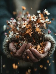 Cupped Hands Holding Fading Wildflowers with Falling Petals, Close-Up Depicting Autumn, Nostalgia, Ephemeral Beauty, and Nature's Cycle for Art, Seasons, and Emotional Concepts