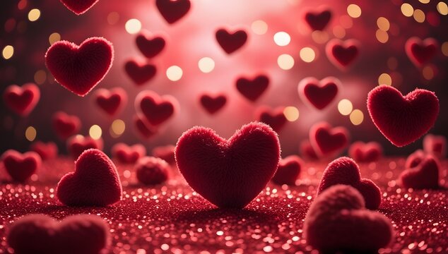 Romantic Valentine's Day background:  Red plush hearts falling onto sparkling glitter, bokeh lights.