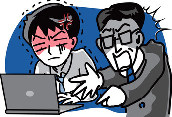 中年モラハラ上司が仕事の出来に激怒するベクターイラスト