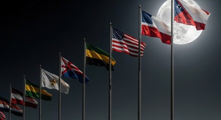 Obraz premium Various National Flags Flying Under a Bright Full Moon Sky