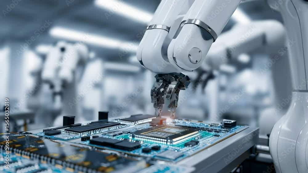 Poster white robotic arm with intricate mechanical fingers performing precise microchip assembly on advance