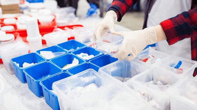 Individual wearing gloves is organizing various containers filled with materials on a table, showcasing a methodical approach to sorting and categorizing items in a workspace