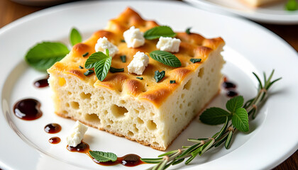 Slice of Sesame seed sweet bread in a plate absorbing olive oil and infused balsamic vinegar - eating utensils in the background