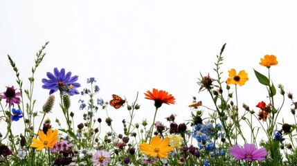 Vibrant Wildflower Meadow Border Against White Background, Nature's Beauty.