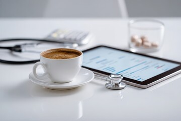 Healthcare fraud data analysis concept. Coffee cup on a desk with a tablet, stethoscope, and medicine, suggesting a medical or health theme.