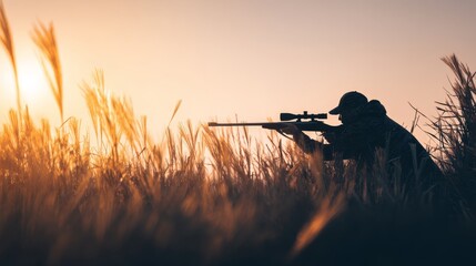 Focused hunter with rifle camouflage in tall grass during sunrise on farmland, aiming at wild prey in rural field, peaceful morning atmosphere with golden light and natural hunting environment