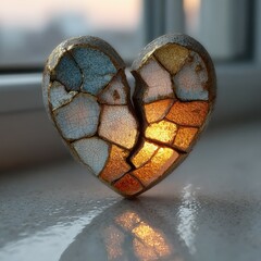 Cracked Porcelain Heart with Multi-Toned Kintsugi and Inner Radiance, Reflecting Hope, Healing, and Transformed Beauty, Ideal for Conceptual Artwork, Emotional Themes, and Inspirational Designs
