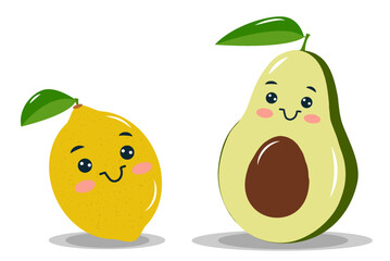 Two cheerful cartoon characters of a lemon and an avocado are displayed side by side. Each has a happy expression and leaves on their heads, creating a friendly vibe