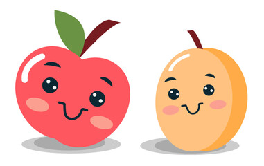 Two adorable fruit characters are joyfully smiling. A bright red apple with a green leaf is next to a friendly apricot in soft yellow. Both have large, expressive eyes and playful features