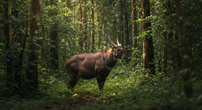 Sumatran serow captured in natural forest light, standing among trees.