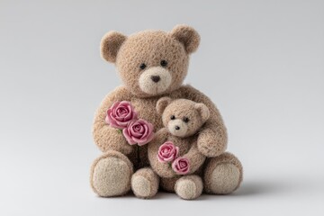 Obraz premium Two plush bears the larger behind holding pink roses against a light gray background